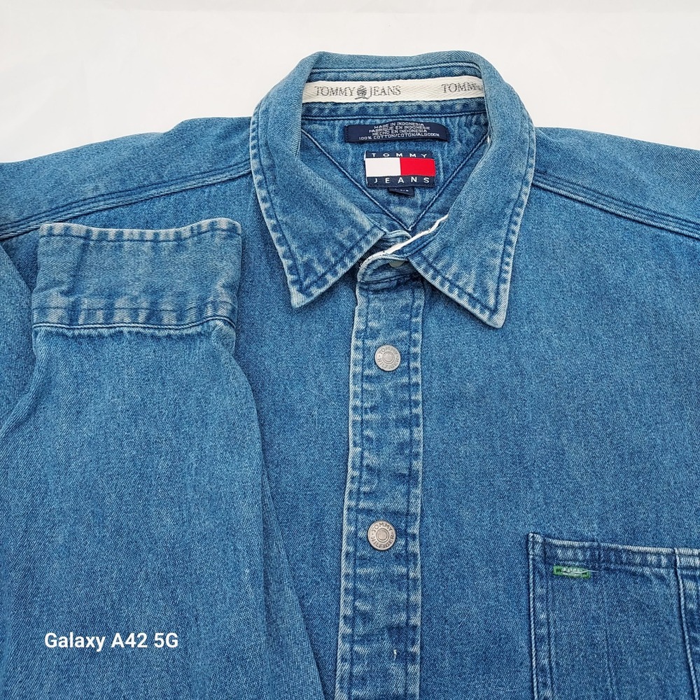 VTG Tommy Jeans Mens Denim Button Down Shirt Medium Wash Long Sleeve Blue Large